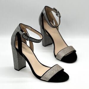 BOTKIER Heels Womens 7 Black Suede Silver Glitter Gianna Ankle Strap Sandal